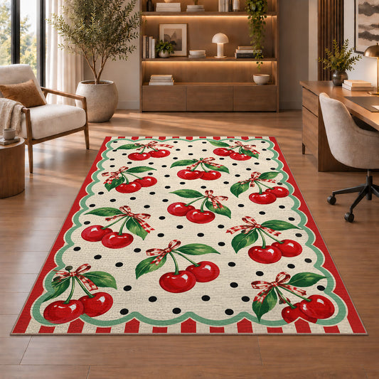 Retro Cherry Polka Dot Rug in a home office with wooden shelves