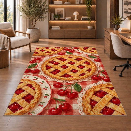 Cherry Pie Rug in a home office with wooden shelves