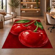 Giant Cherry Rug in a home office with wooden shelves