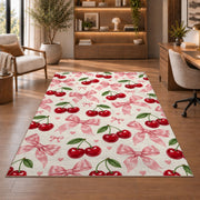 Cherry and Bow Pattern Rug in a home office with wooden shelves