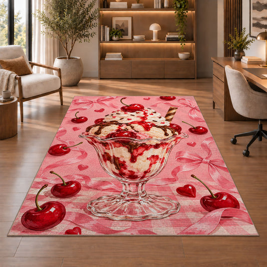 Cherry Sundae Rug in a home office with wooden shelves