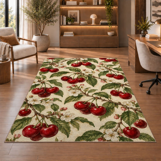Vintage Botanical Cherry Rug in a home office with wooden shelves