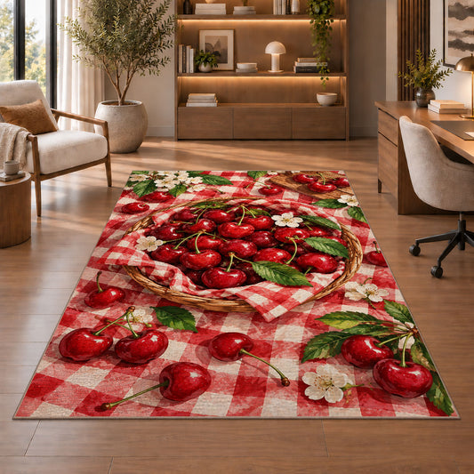 Cherry Picnic Rug in a home office with wooden shelves