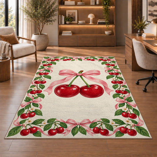 Cherry Border Rug in a home office with wooden shelves
