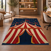 Vintage Circus Tent Rug in a home office with wooden shelves