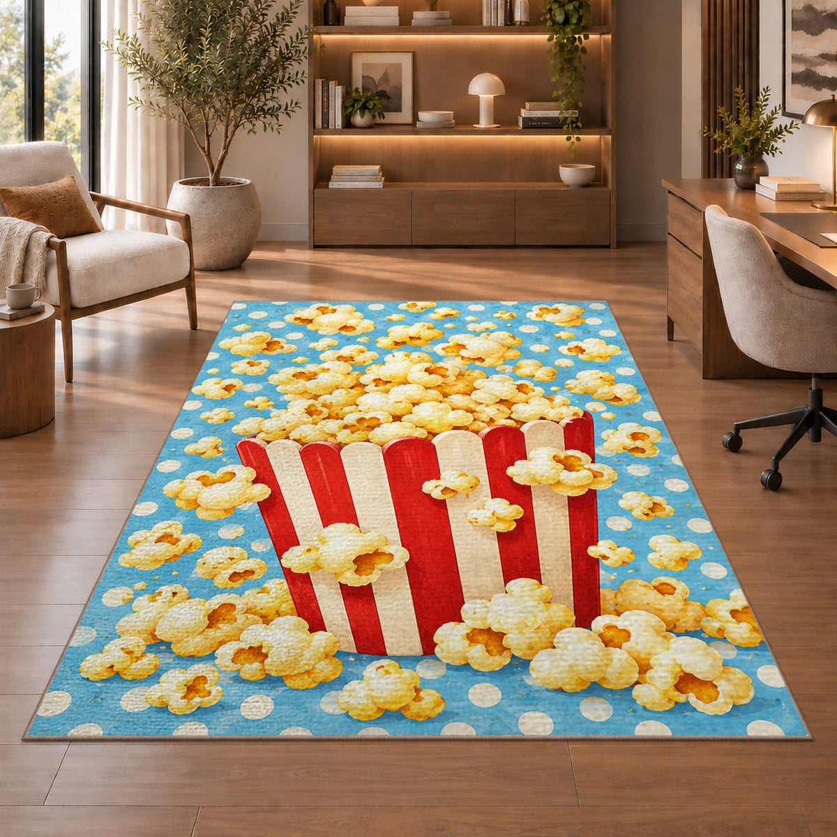Popcorn Box Rug in a home office with wooden shelves