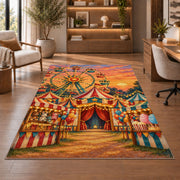 Carnival Ferris Wheel Rug in a home office with wooden shelves