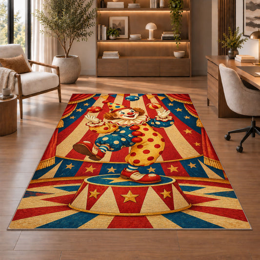 Vintage Clown Rug in a home office with wooden shelves