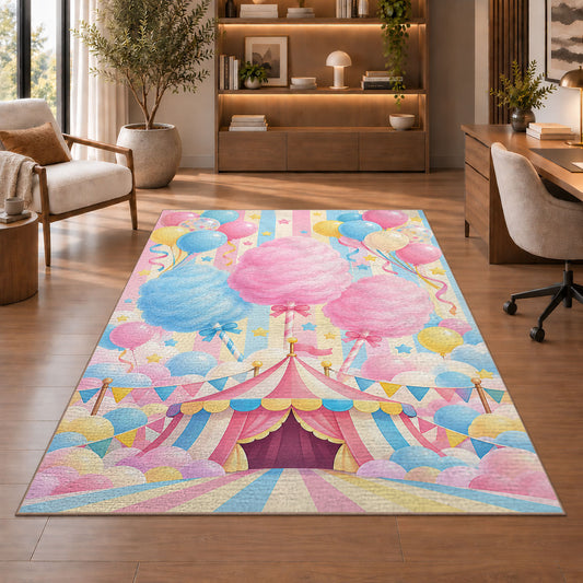 Cotton Candy Rug in a home office with wooden shelves