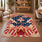 Circus Tightrope Rug in a home office with wooden shelves