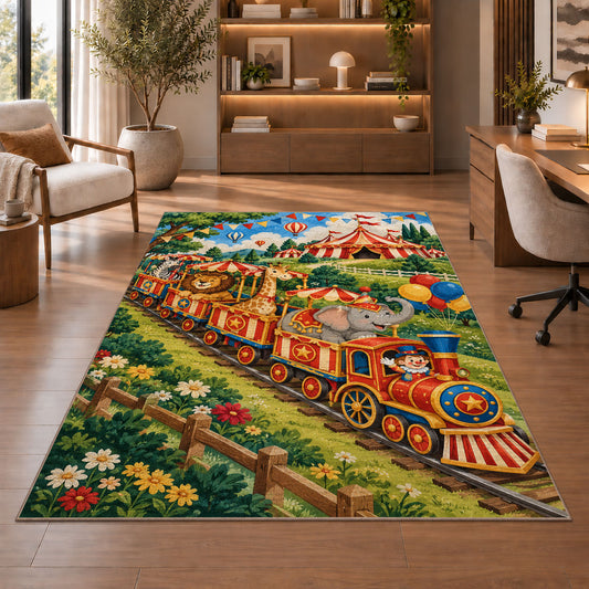 Circus Train Rug in a home office with wooden shelves