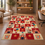 Checkered Circus Rug in a home office with wooden shelves