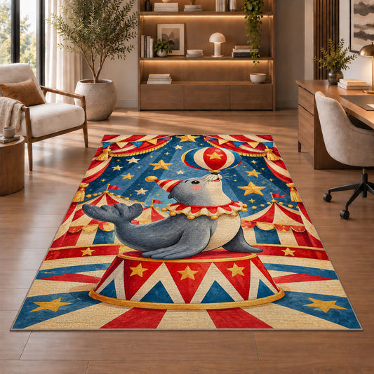 Circus Seal Rug in a home office with wooden shelves