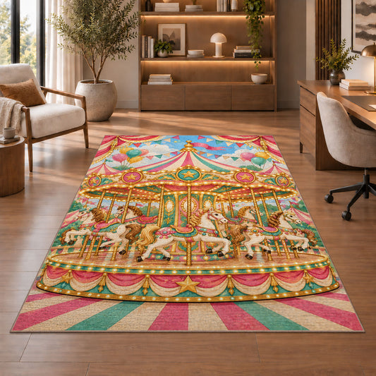 Carousel Rug in a home office with wooden shelves