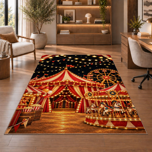 Carnival Night Rug in a home office with wooden shelves