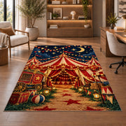 Circus Tent at Night Rug in a home office with wooden shelves