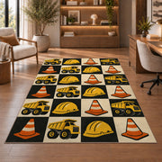 Retro Checkered Construction Rug in a home office with wooden shelves