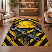 Hard Hat and Tools Rug in a home office with wooden shelves
