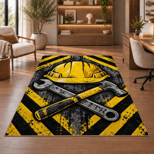 Hard Hat and Tools Rug in a home office with wooden shelves