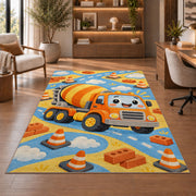Cute Cement Mixer Rug in a home office with wooden shelves