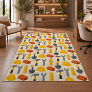 Construction Tools Pattern Rug in a home office with wooden shelves