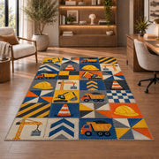 Construction Patchwork Rug in a home office with wooden shelves