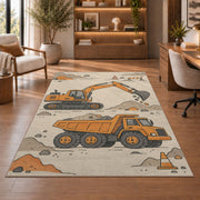 Minimalist Excavator Line Art Rug in a home office with wooden shelves