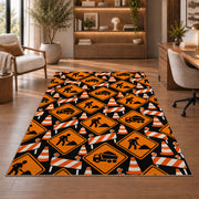 Construction Sign Pattern Rug in a home office with wooden shelves