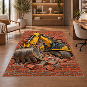 Excavator Brick Wall Rug in a home office with wooden shelves