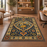 Persian Style Construction Rug in a home office with wooden shelves
