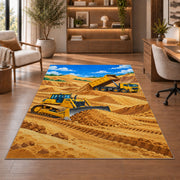 Bulldozer Dump Truck Rug in a home office with wooden shelves