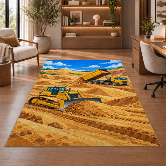 Bulldozer Dump Truck Rug in a home office with wooden shelves