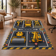 Construction Vehicle Parking Rug in a home office with wooden shelves