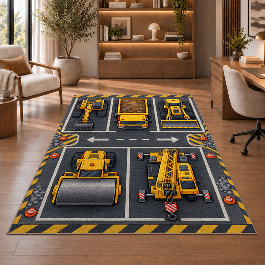 Construction Vehicle Parking Rug in a home office with wooden shelves