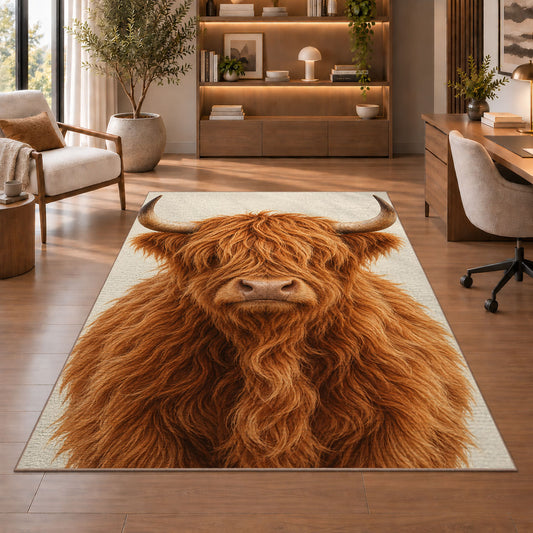 Highland Cow Portrait Rug in a home office with wooden shelves