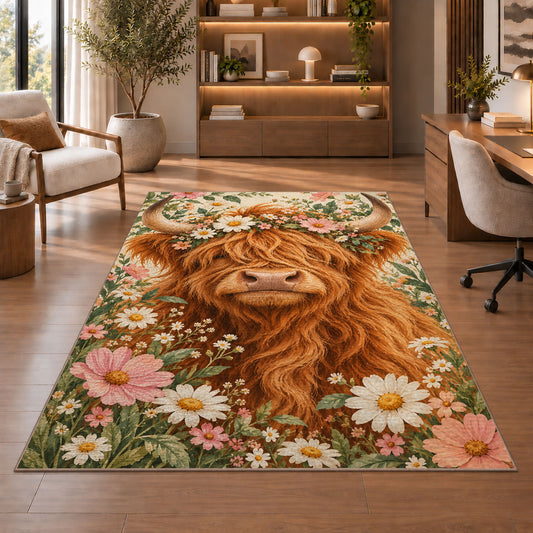 Highland Cow Flower Crown Rug in a home office with wooden shelves