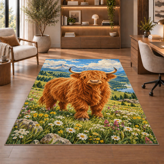 Highland Cow Mountain Meadow Rug in a home office with wooden shelves