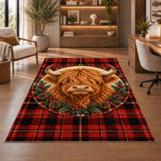 Highland Cow Tartan Plaid Rug in a home office with wooden shelves