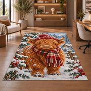 Highland Cow Winter Rug in a home office with wooden shelves