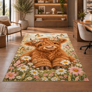 Baby Highland Cow Nursery Rug in a home office with wooden shelves