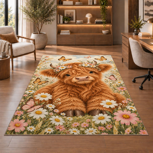 Baby Highland Cow Nursery Rug in a home office with wooden shelves