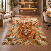 Boho Highland Cow Rug in a home office with wooden shelves