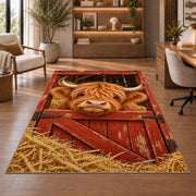 Highland Cow Barn Door Rug in a home office with wooden shelves