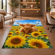 Highland Cow Sunflower Field Rug in a home office with wooden shelves