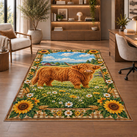 Highland Cow Farm Scene Rug in a home office with wooden shelves
