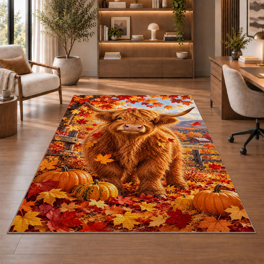 Highland Cow Autumn Rug in a home office with wooden shelves