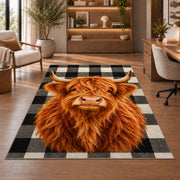 Highland Cow Buffalo Check Rug in a home office with wooden shelves