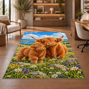 Highland Cow Mom and Calf Rug in a home office with wooden shelves