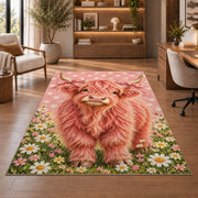 Pink Highland Cow Rug in a home office with wooden shelves