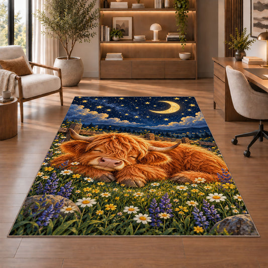 Sleeping Highland Cow Rug in a home office with wooden shelves